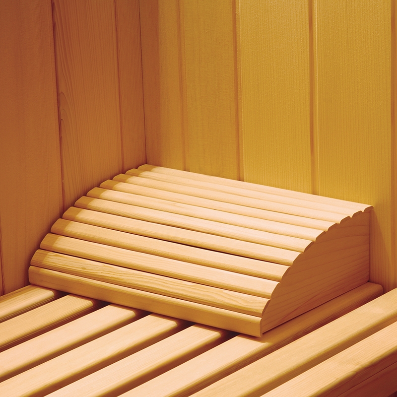 Pied en bois pour sauna avec coussin repose-tête ergonomique parfaitement à la forme de la tête 
