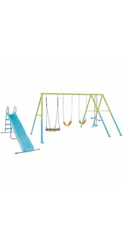 Portique Intex 5 agrès nid d'oiseau, face a face, anneaux, 2 balançoires et toboggan