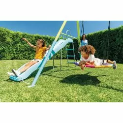 Portique Intex 5 agrès nid d'oiseau, face a face, anneaux, 2 balançoires et toboggan