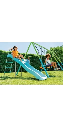Portique Intex 5 agrès nid d'oiseau, face a face, anneaux, 2 balançoires et toboggan