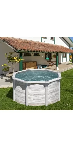 Piscine acier Gre aspect bois nordique Finlande ronde