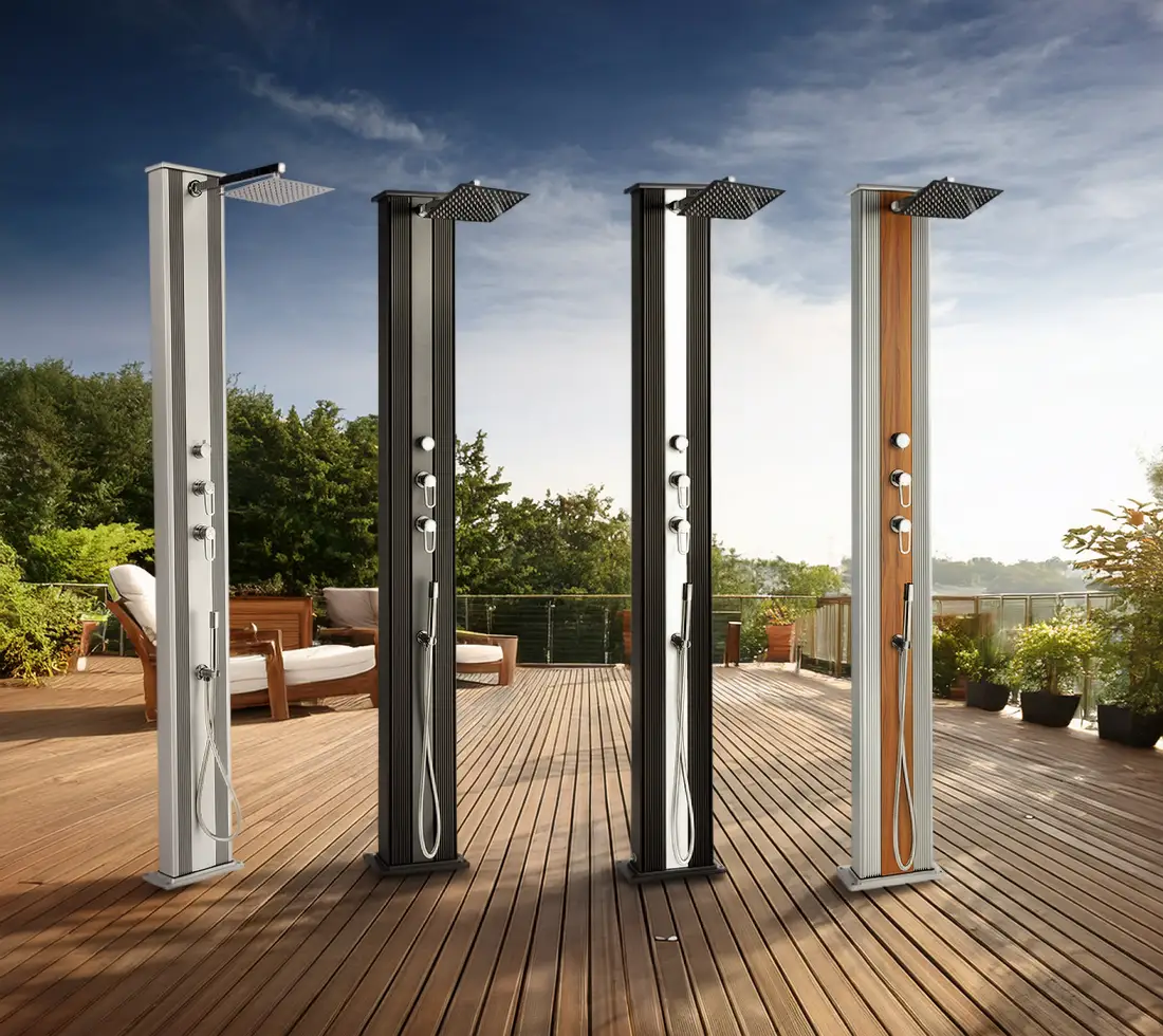 Douche solaire hybride Dada 40L straight droite Poolstar Formidra avec raccordement eau chaude