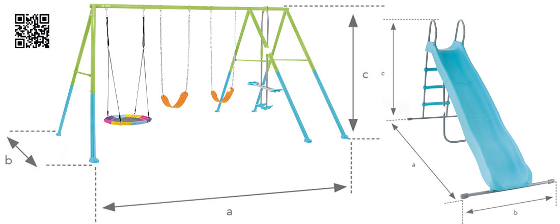 Dimensions portique Intex balançoire 5 agrès nid d'oiseau, face à face, anneaux, 2 balançoires et toboggan