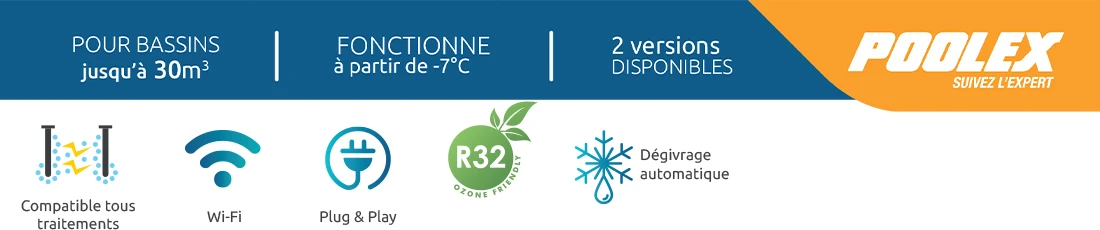 Points forts de la gamme de pompe à chaleur Nano New Réversible et Connectée Poolex pour piscine