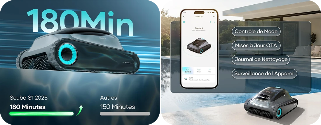 Robot Aiper Scuba S avec une autonomie de 180min et pilotable avec l'app Aiper