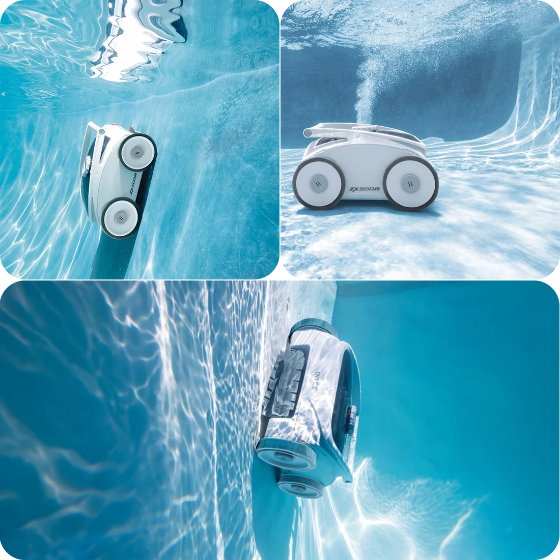 Robot nettoyage piscine Intex ZX500R en immersion piscine à formes complexes fond et parois