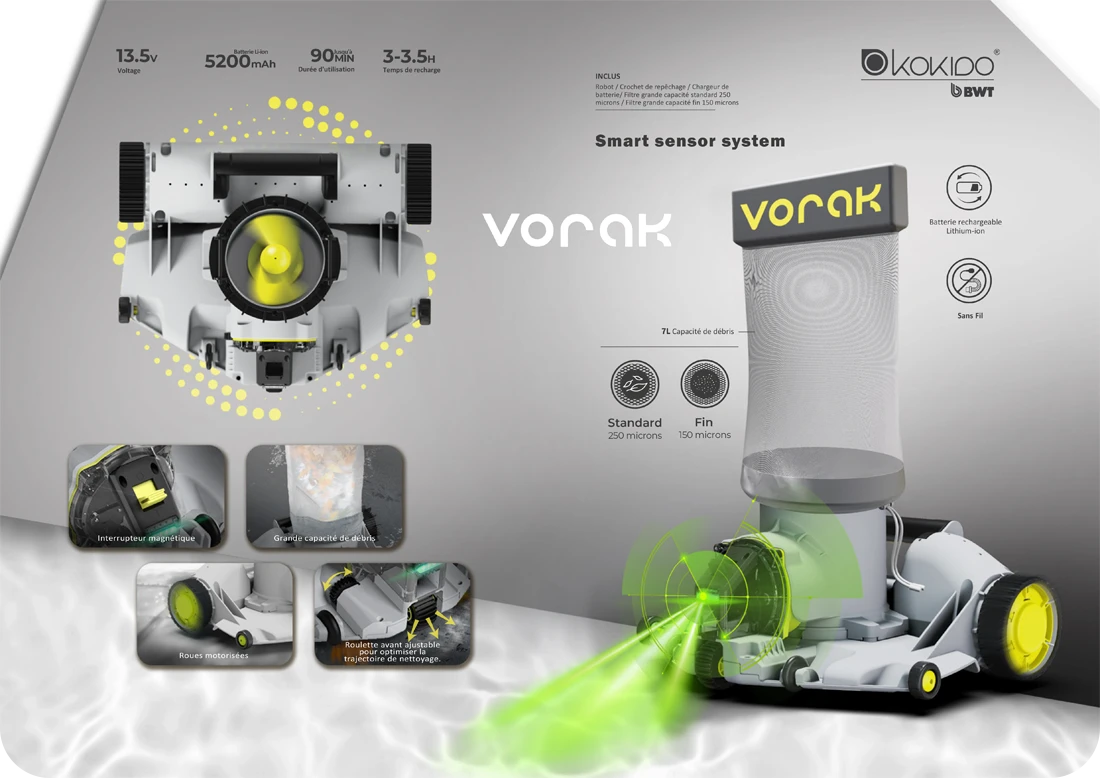 Robot piscine sans fil Vorak Powerblade Kokido avec smart sensor system