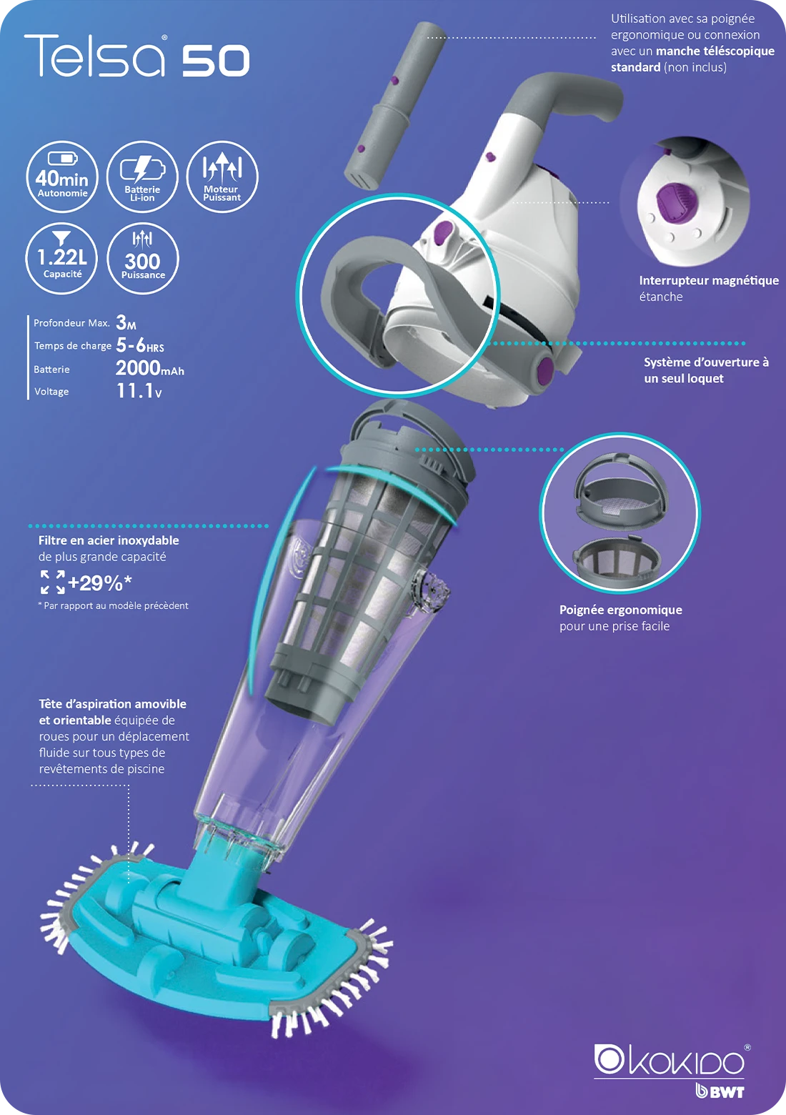 Aspirateur piscine Kokido Telsa 50