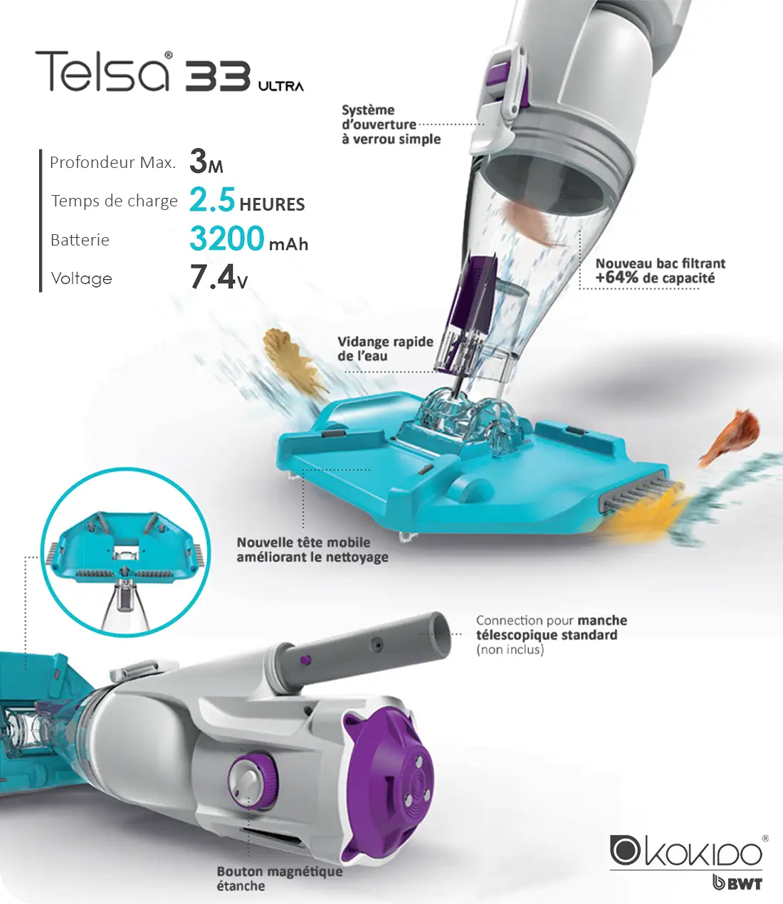 Aspirateur sans fil piscine Telsa 33 Ultra Kokido caractéristiques