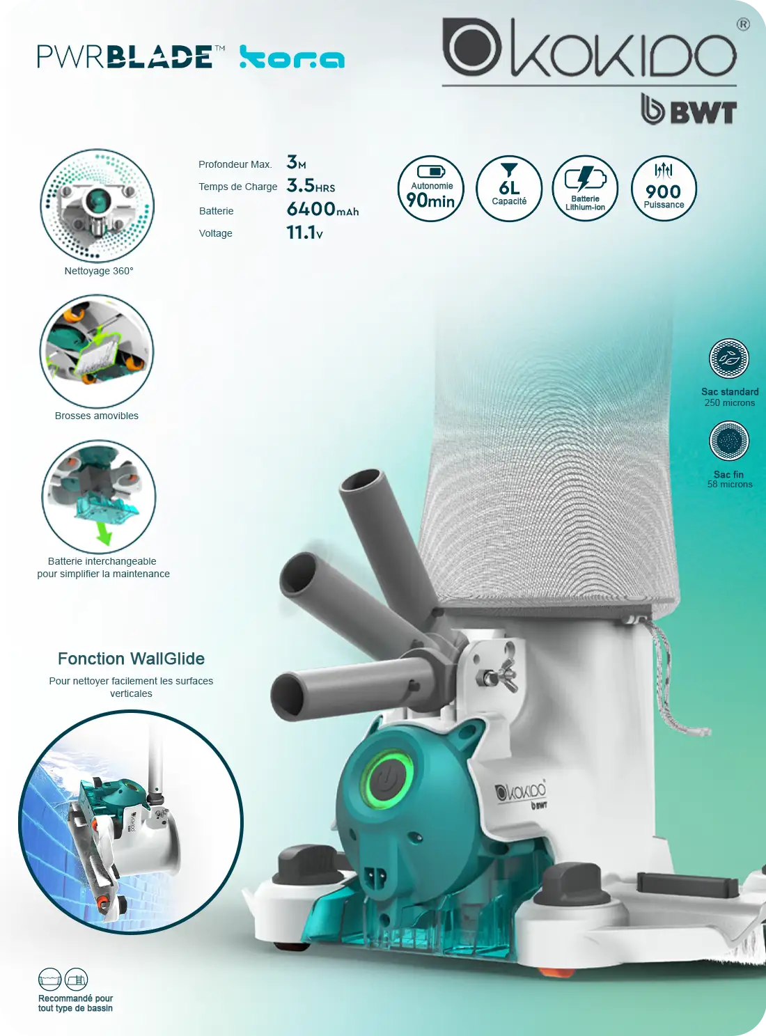 Aspirateur piscine tout-terrain Kora Powerblade Kokido avec fonction WallGlide