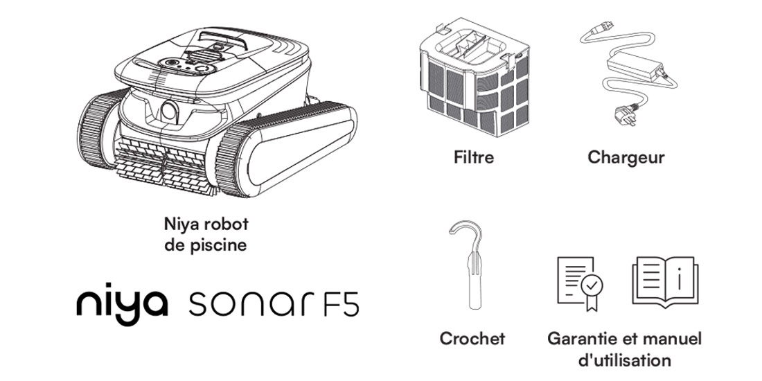 Contenu du colis robot sans fil Niya F5 Dolphin Maytronics
