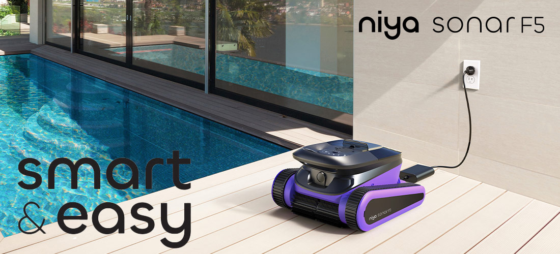 Vue générale du robot piscine sans fil Niya F5 Sonar 50 par Dolphin Maytronics