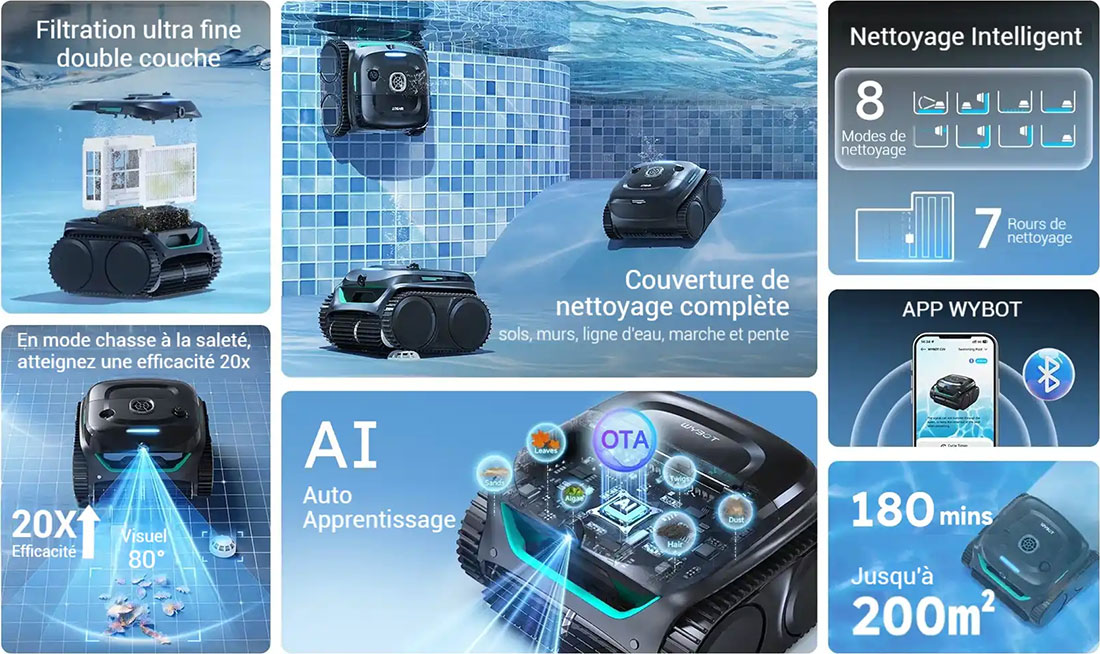 Robot de piscine à batterie Wybot C2 Vision