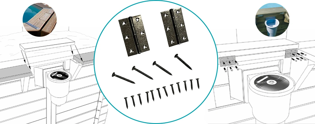 Schéma de positionnement des charnières pour trappe de skimmer piscine bois Ubbink