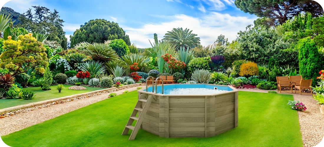 Piscine bois octogonale Altanka Coral 3,50 h1,18m dans un jardin luxuriant