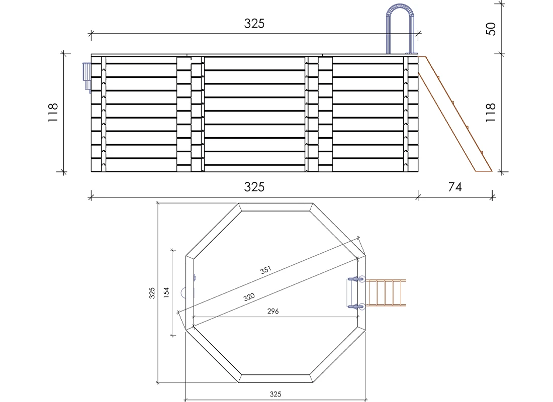 Dimensions de la piscine bois octogonale Altanka Coral 3,50 h1,18m