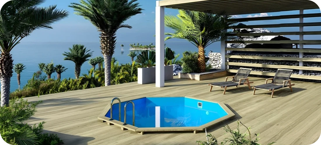 Piscine bois ronde Altanka Coral 3,50 h1,18m intégrée à une terrasse bois moderne