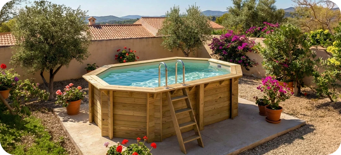 Piscine bois Altanka Nemo 4,30 x 3,00 h1,18m dans un jardin ensoleillé sur dalle béton