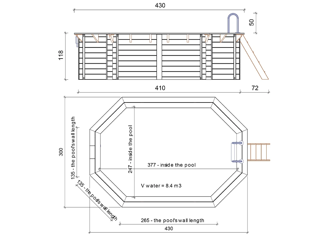 Dimensions complètes de la piscine bois Nemo Altanka 4,30 x 3,00 h1,18m ovale