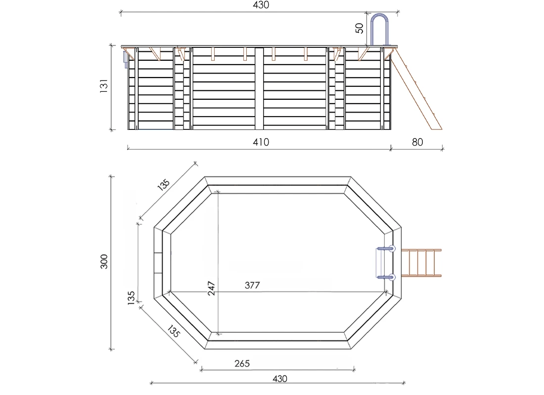 Dimensions piscine bois Altanka 4,30 x 3,00 h1,31m ovale