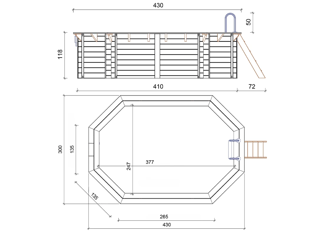 Dimensions piscine bois avec plage immergée Altanka Nemo 4,30 x 3,00 h1,18m ovale