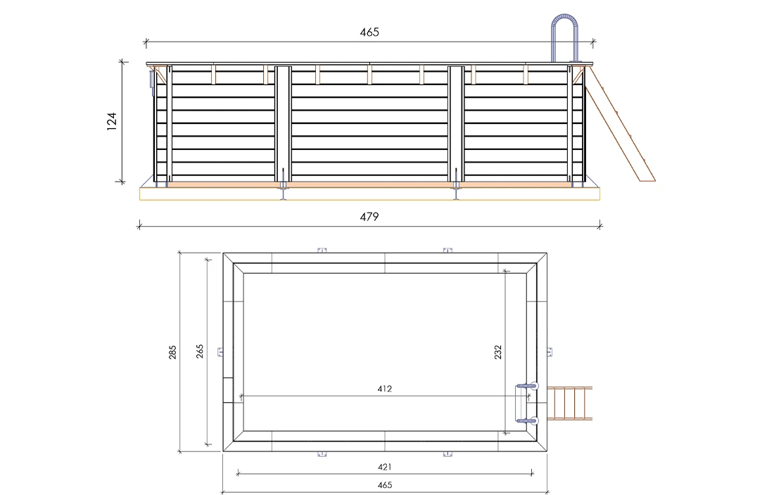 Dimensions piscine bois rectangulaire Altanka Aqua 4,65 x 2,85 x h1,24m vue de dessus et côté