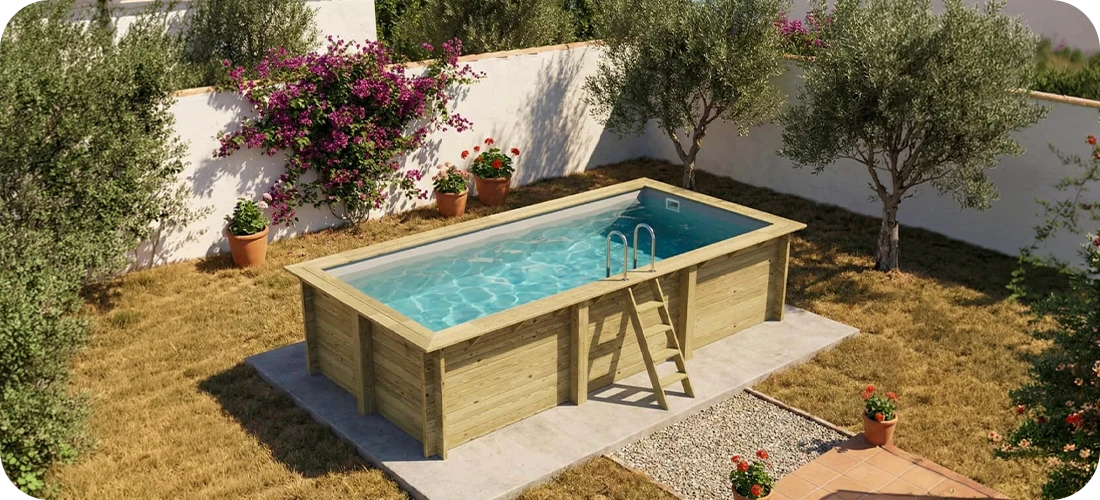 Piscine bois rectangualire Altanka Aqua 6,10 x 2,85 x h1,31m dans un jardin ensoleillé avec terrasse bois