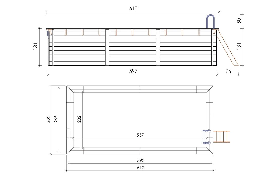 Vue schématique de la piscine bois rectangulaire Altanka Aqua 6,10 x 2,85 x h1,31m