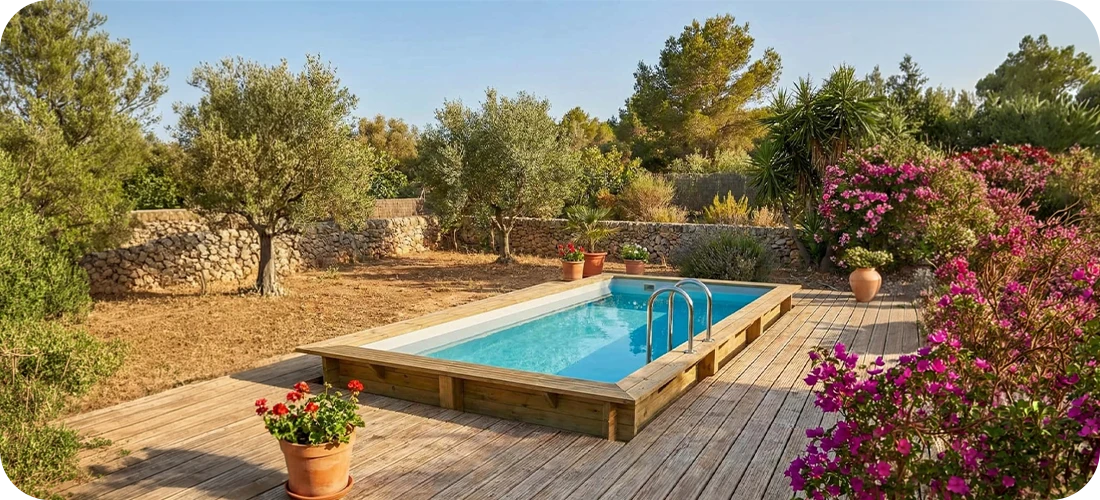 Piscine bois rectangulaire Altanka Aqua 6,10 x 2,85 x h1,31m semi-enterrée avec terrasse bois