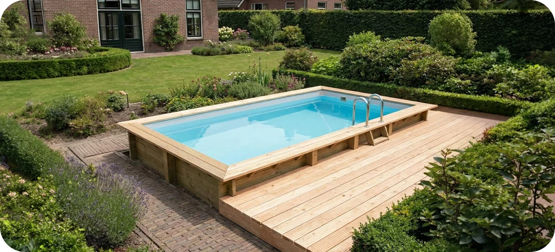 Piscine bois rectangulaire semi-enterrée Altanka 7,00 x 3,75 x h1,45m dans un jardin avec terrasse attenante
