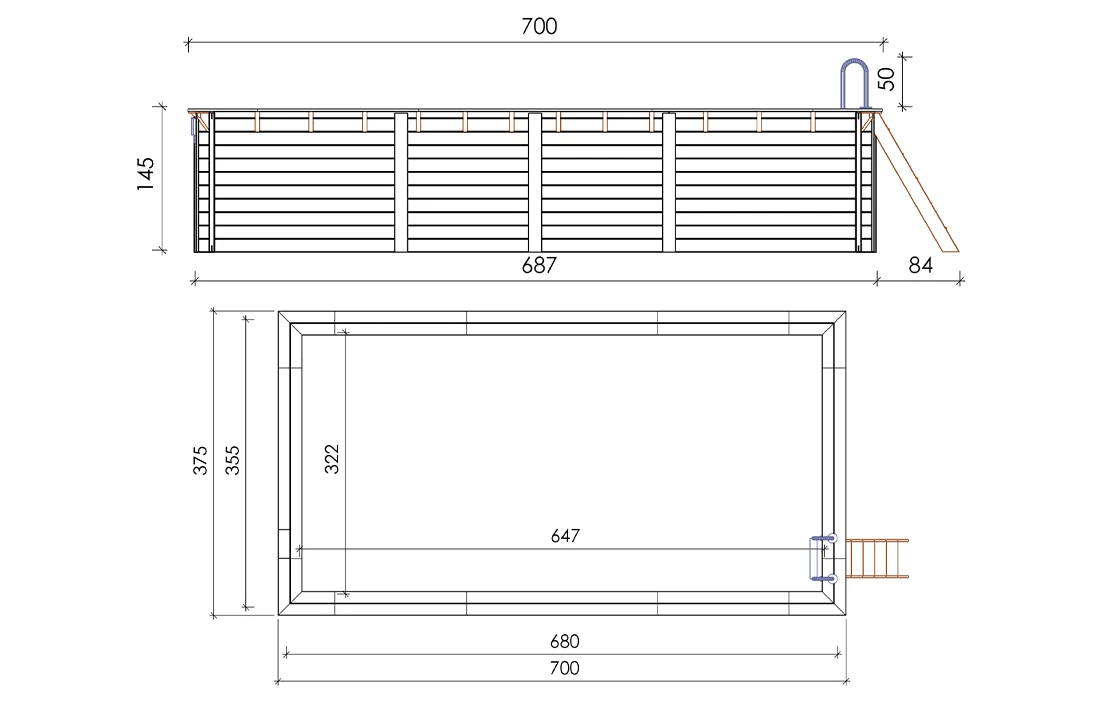 Dimensions piscine bois Altanka Aqua rectangulaire 7,00 x 3,75 x h1,45m