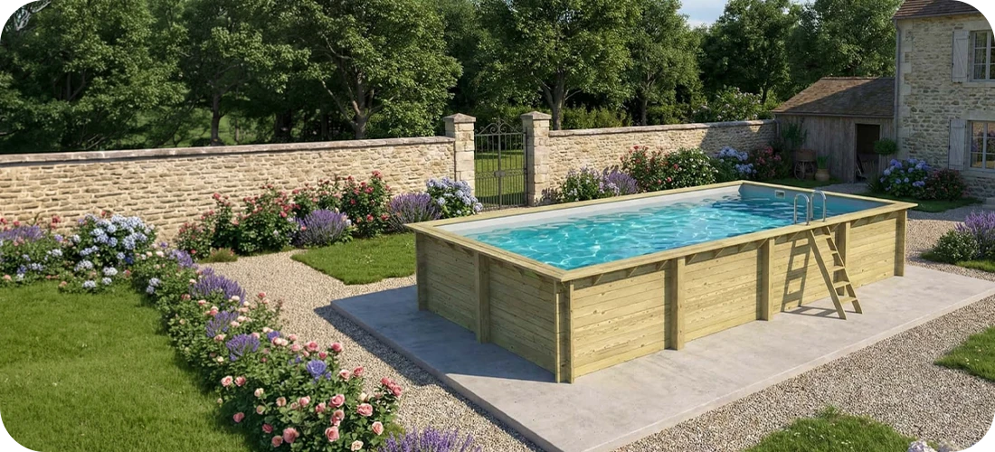 Piscine bois rectangulaire Altanka Aqua 8,50 x 4,35 x h1,45m dans une cour ensoleillée sur dalle béton