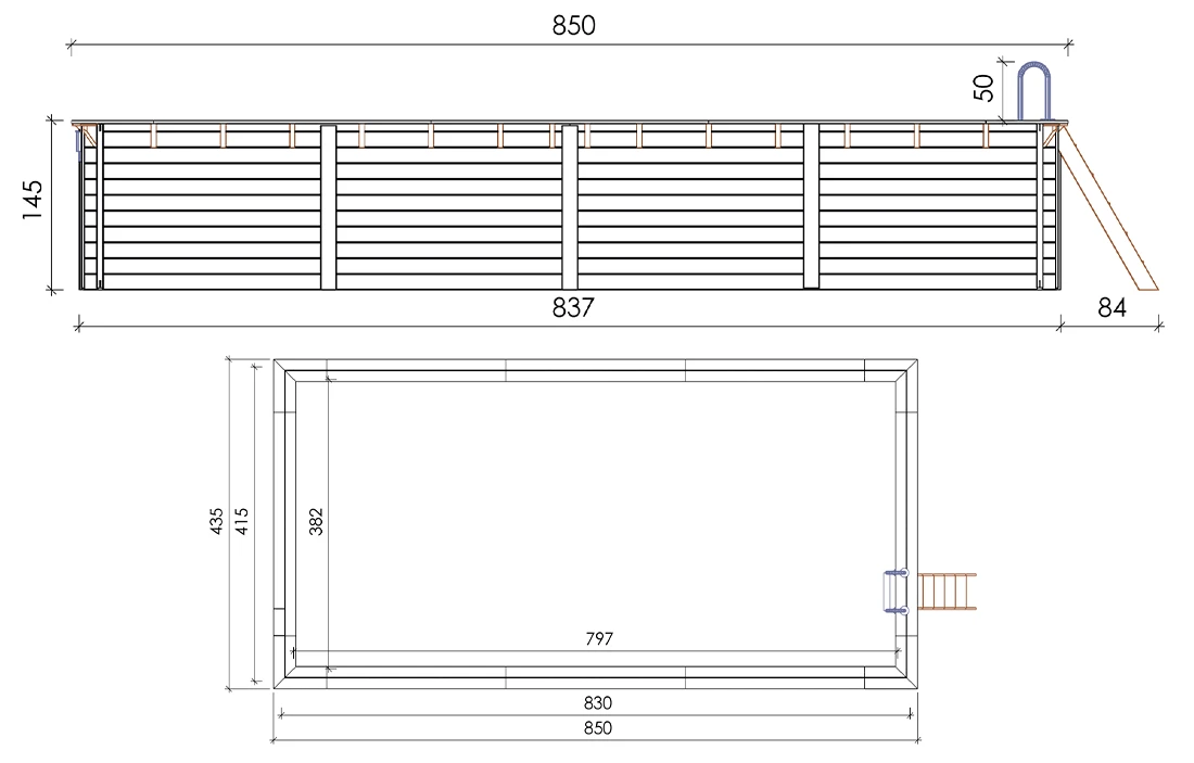 Dimensions piscine bois Altanka Aqua rectangulaire 8,50 x 4,35 x h1,45m