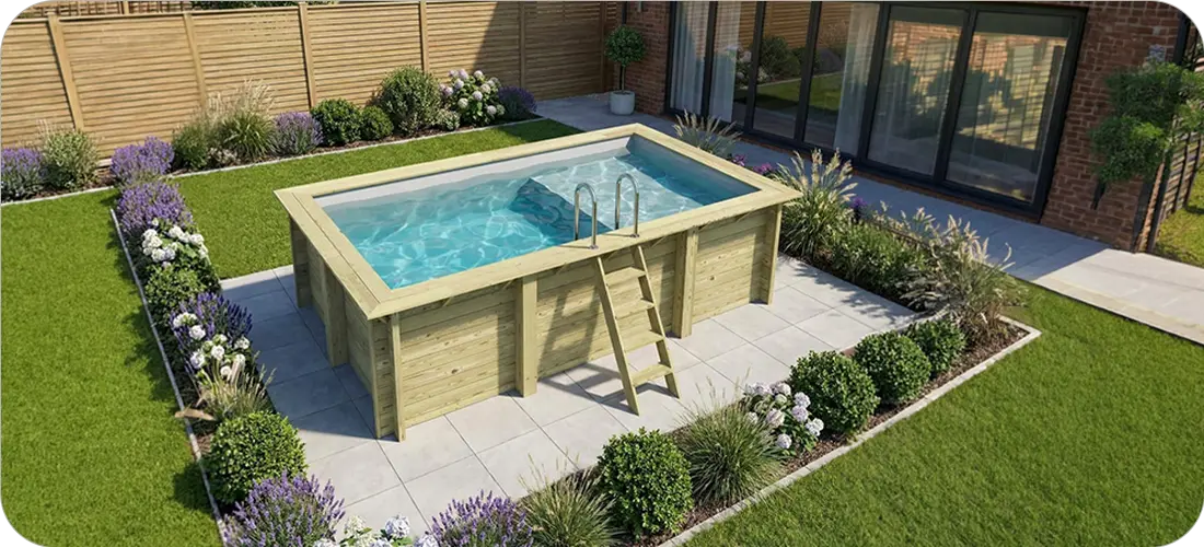 Piscine bois rectangulaire avec plage immergée Altanka Aqua 4,65 x 2,85 x h1,24m semi-enterrée 