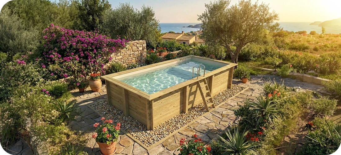 Piscine bois rectangulaire Altanka Aqua 6,10 x 2,85 x h1,31m avec plage intégrée 