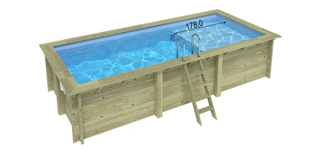 Piscine bois rectangualire Altanka Aqua 6,10 x 2,85 x h1,31m en vue d'ensemble et dimension plage
