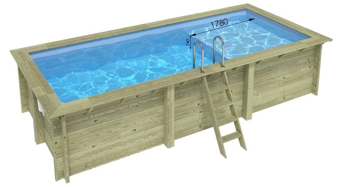 Piscine bois rectangualire Altanka Aqua 6,10 x 2,85 x h1,31m en vue d'ensemble et dimension plage