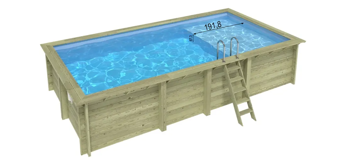 Piscine bois rectangualire Altanka Aqua 7,00 x 3,75 x h1,45m en vue d'ensemble et dimension plage