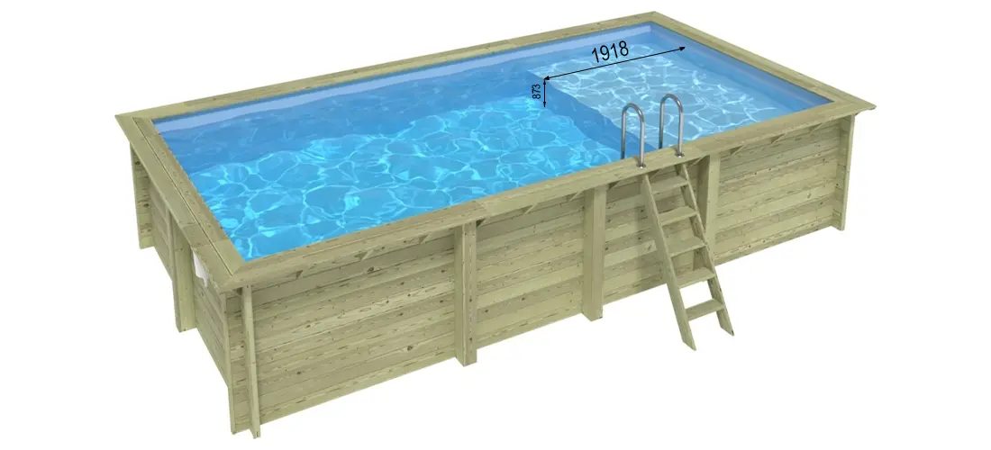 Piscine bois rectangualire Altanka Aqua 7,00 x 3,75 x h1,45m en vue d'ensemble et dimension plage