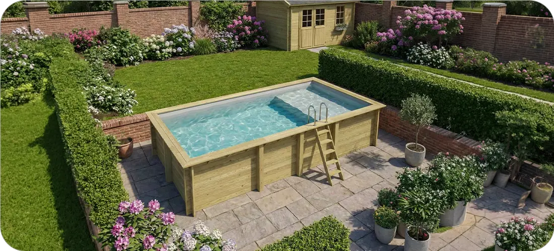 Piscine bois rectangulaire Altanka Aqua 7,00 x 3,75 x h1,45m avec plage intégrée