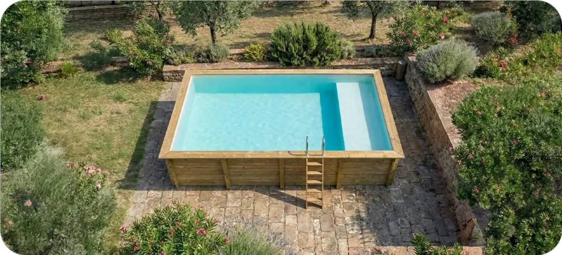 Piscine bois rectangulaire Altanka Aqua 8,50 x 4,35 x h1,45m avec plage intégrée 