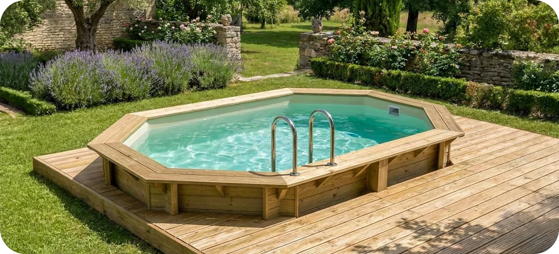 Piscine bois ovale Altanka 5,79 x 3,49 h1,45m dans un jardin ensoleillé sur terrasse bois