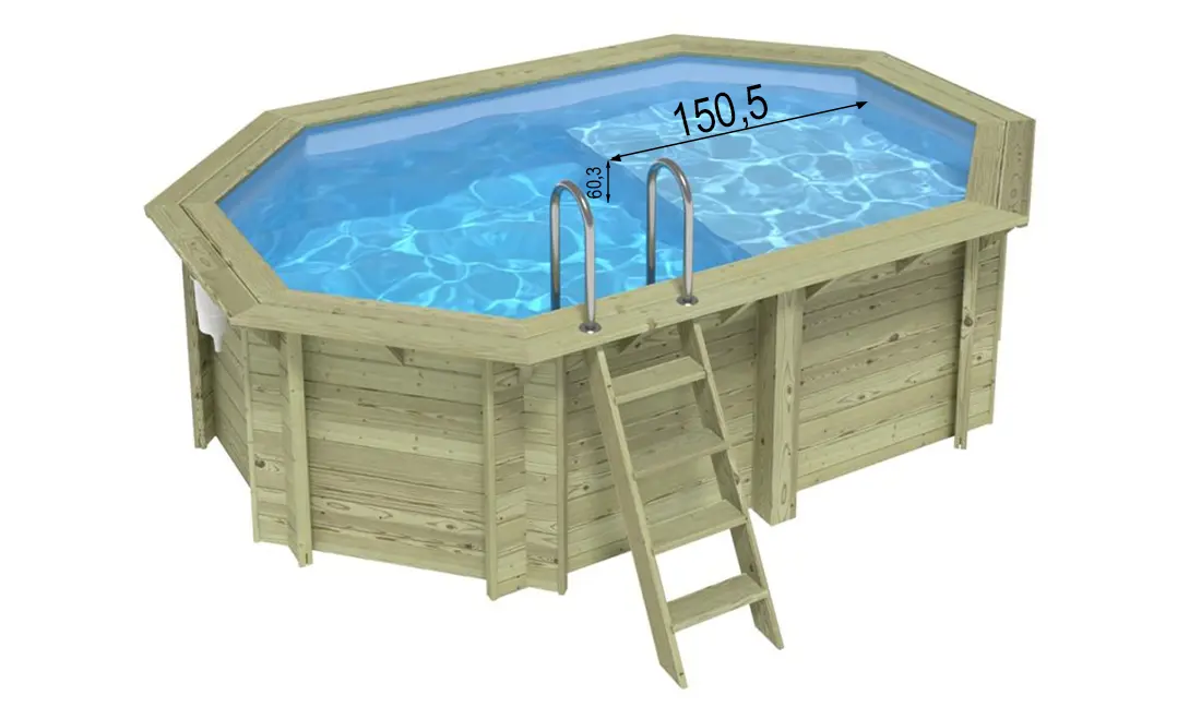 Piscine bois octogonale avec plage immergée Altanka Nemo 4,30 x 3,00 h1,18m complète et dimension