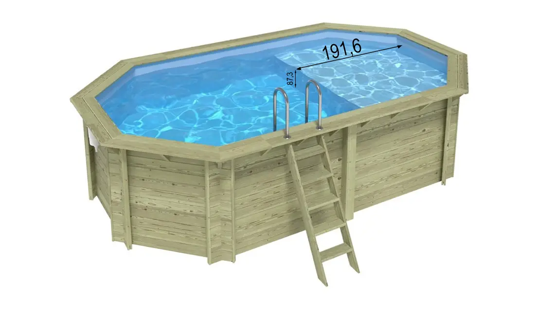 Vue d'ensemble piscine bois octogonale Altanka Nemo avec plage 5,79 x 3,49 h1,45m et dimension plage