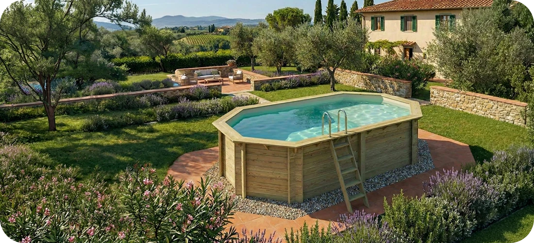 Piscine bois ovale Altanka Nemo avec plage intégré 5,79 x 3,49 h1,45m