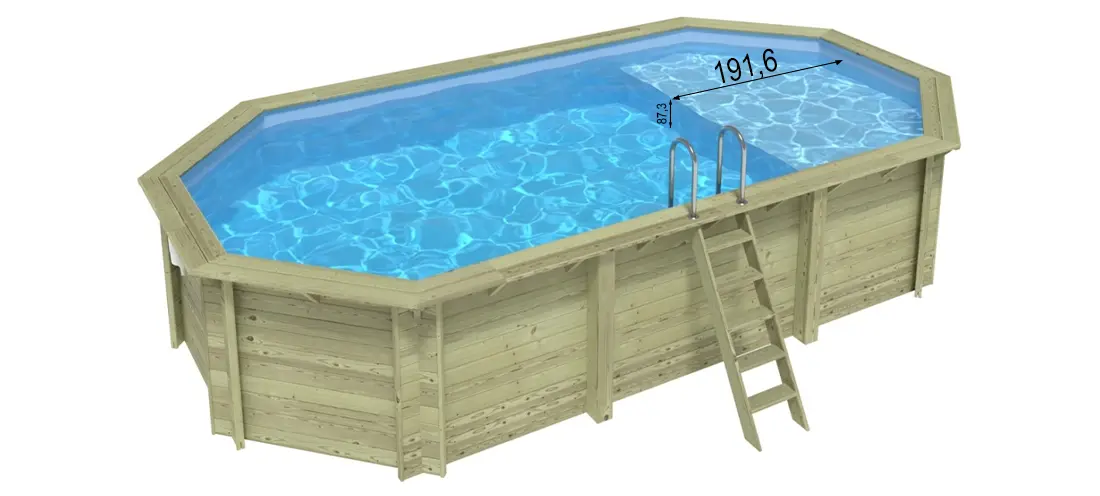 Piscine bois octogonale avec plage immergée Altanka Nemo 7,30 x 3,97 h1,45m en vue d'ensemble