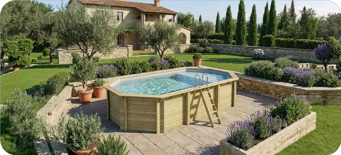 Piscine bois ovale avec plage immergée Altanka Nemo 7,30 x 3,97 h1,45m sur terrasse