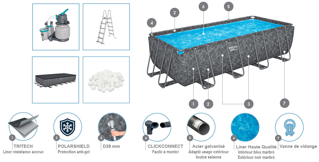 Caractéristiques piscine tubulaire APX 365 Bestway 5,49 x 2,74 x h1,32m