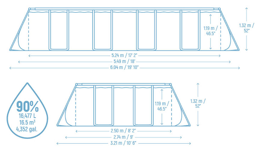 Dimensions piscine APX 365 Bestway 5,49 x 2,74 x h1,32m