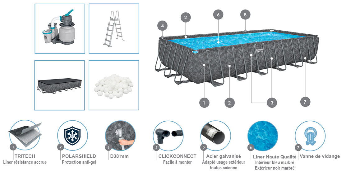 Caractéristiques piscine tubulaire APX 365 Bestway 7,32 x 3,66 x h1,32m